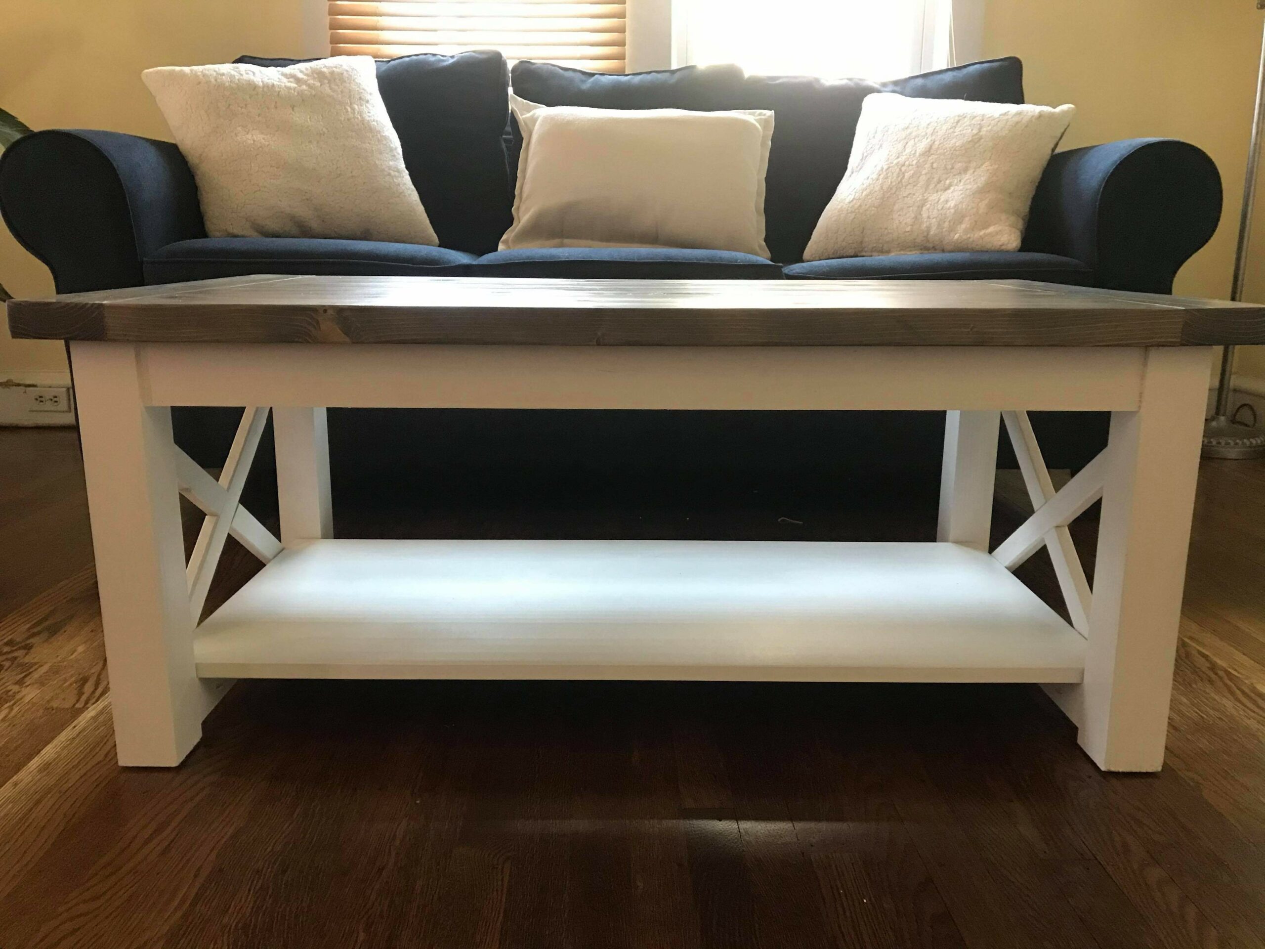 white and wood coffee table in farmhouse style
