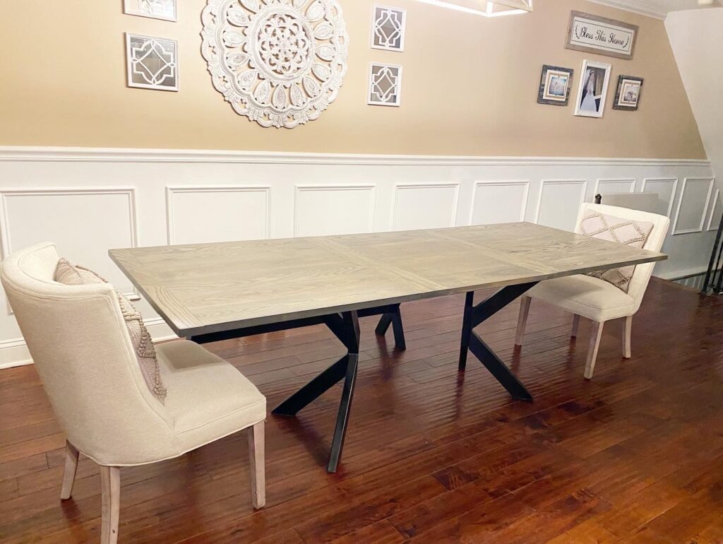 long dining table and white chairs